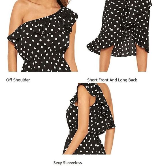 One Shoulder Ruffle Cute Polka Dot Elastic Waist Hi-Lo Flowy Dress SIZE M NEW - Picture 5 of 16